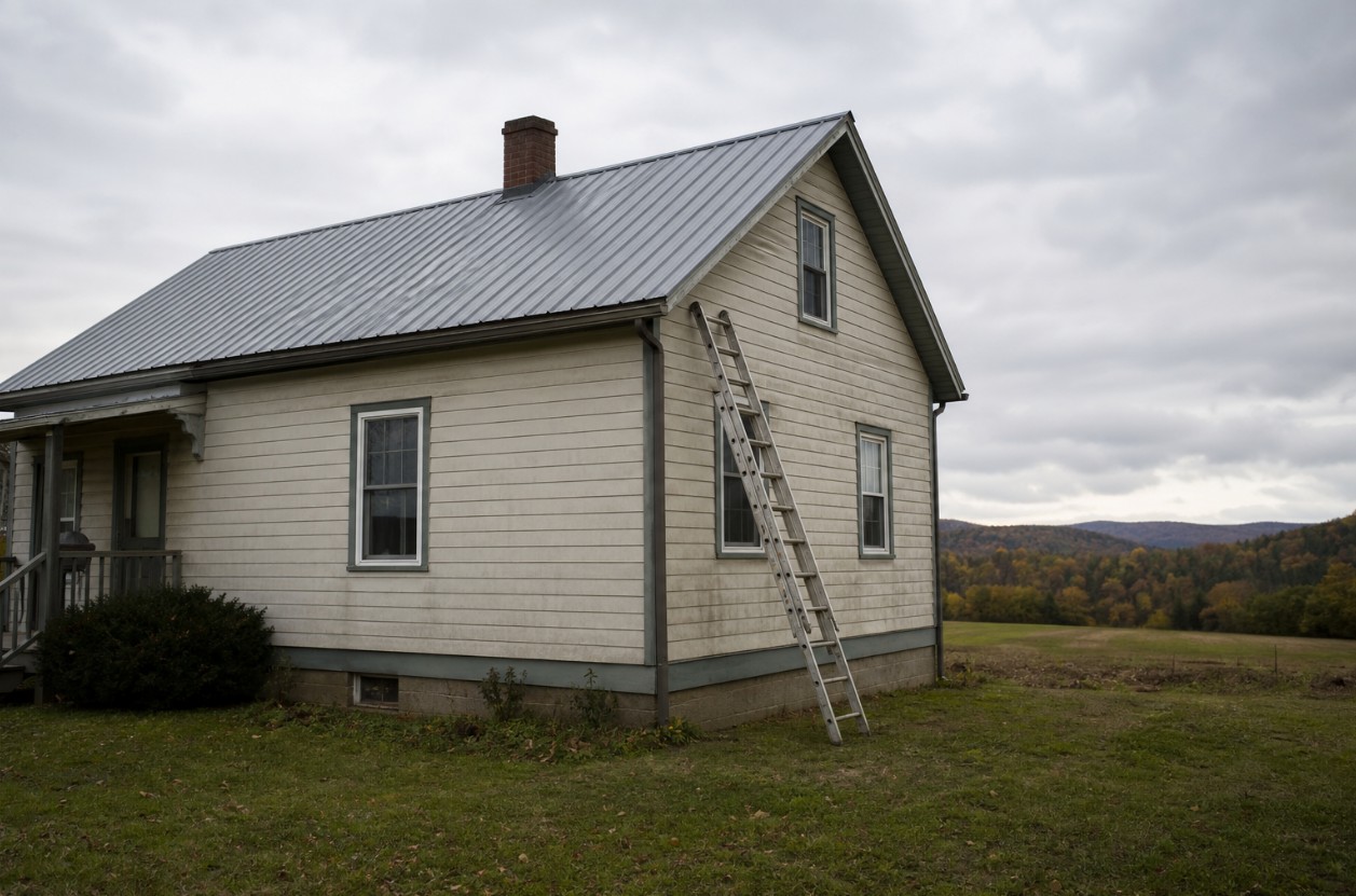Casa rural modesta con una escalera apoyada junto al techo para realizar tareas de mantenimiento.