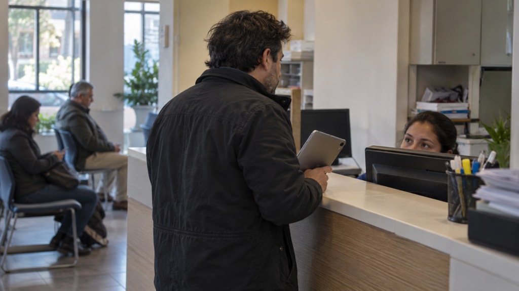Hombre sentado en la sala de espera de una clínica mientras consulta una tableta.