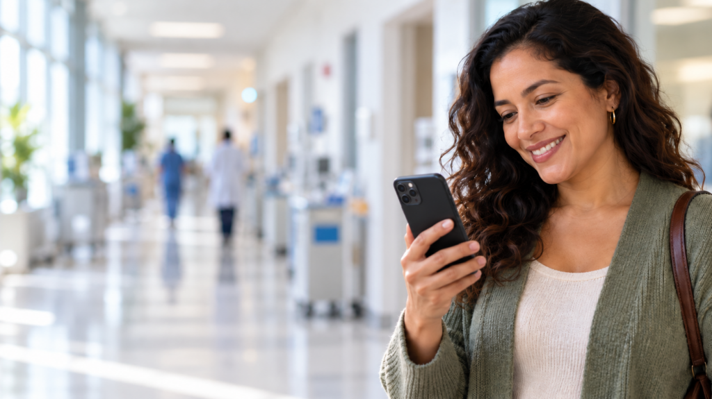 Mujer sonriente consulta su teléfono móvil en un pasillo de hospital.