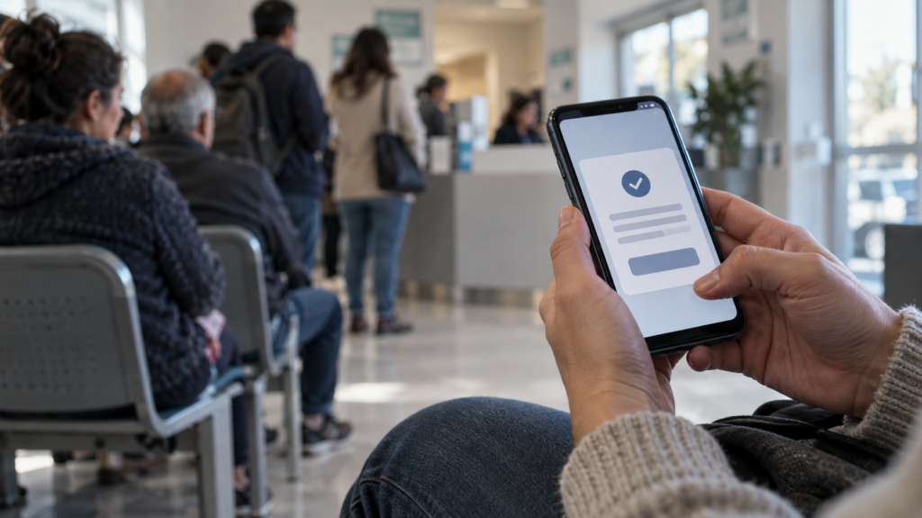 Persona consulta su teléfono móvil en la sala de espera de un centro de salud, con otros pacientes al fondo.